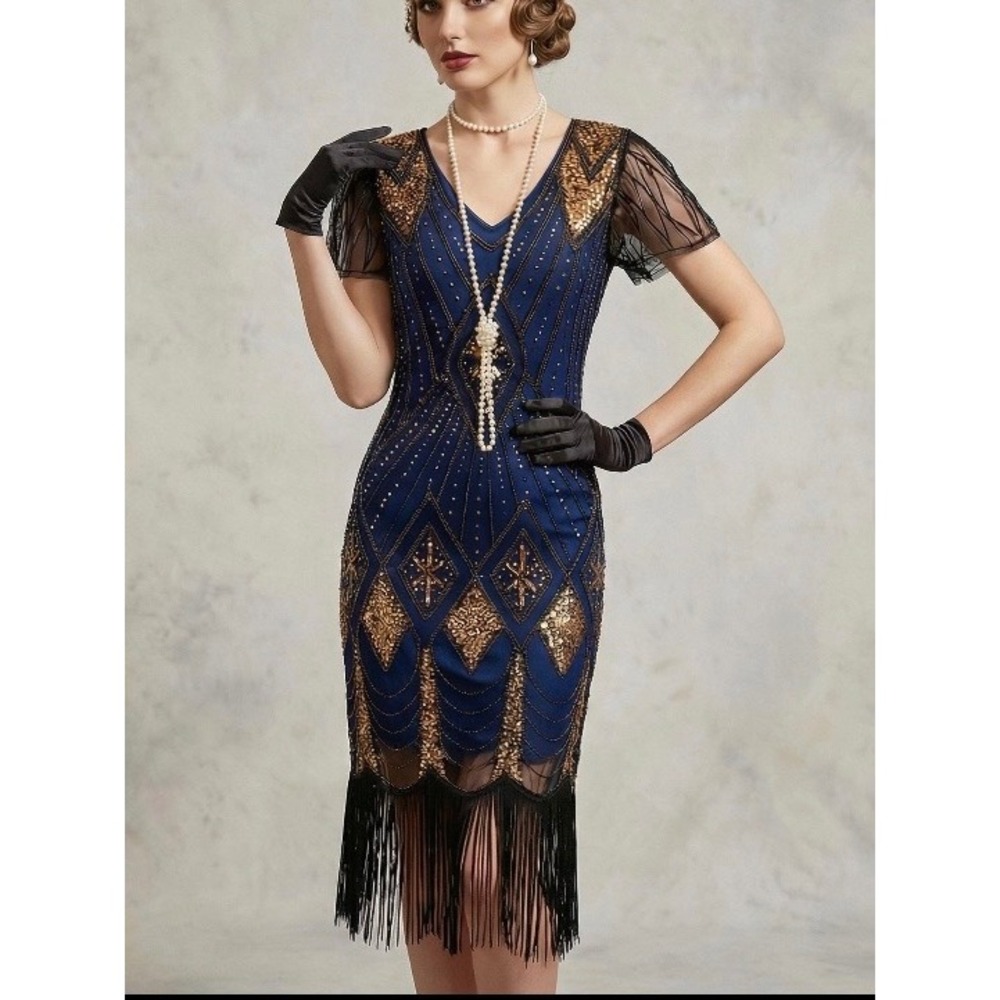 Art Deco Roaring 20s Flapper Dress Costume XL Blue Gold Gatsby Sequin Fringe